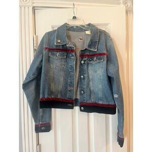 Western Cowgirl Blue Jean Jacket Women Large Velvet Retro Y2K Gtunge Stains